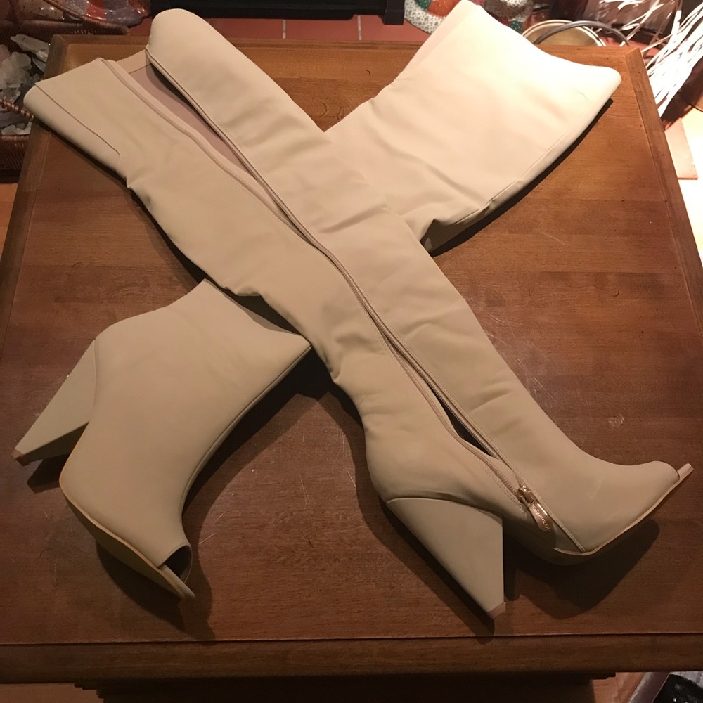 Nude faux leather peep toe thigh high boots